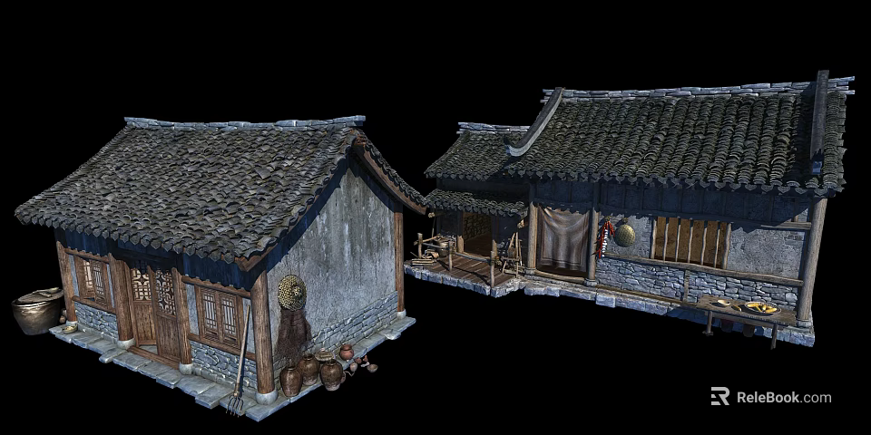 Cartoon Scene of Traditional Chinese Houses with Tile Roofs Wooden Doors and Courtyards 3d model 