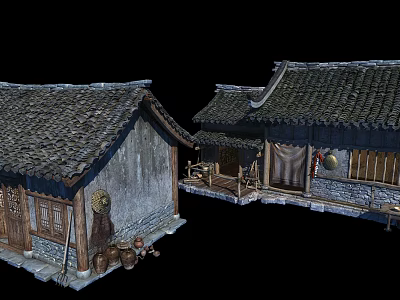 Cartoon Scene of Traditional Chinese Houses with Tile Roofs Wooden Doors and Courtyards 3d model
