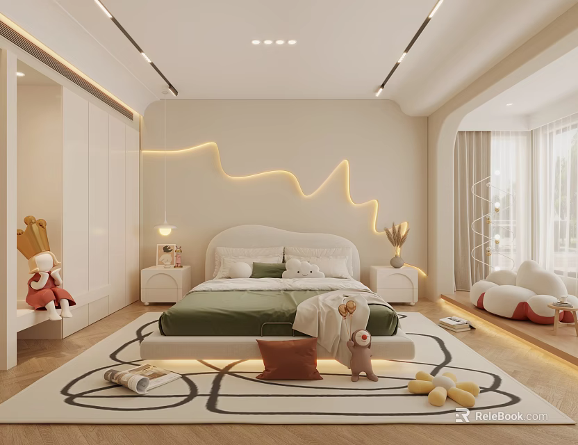 Modern Kids Bedroom With White Bed Green Bedspread Stuffed Toys And Soft Lighting 3d model 