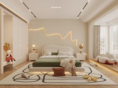 Modern Kids Bedroom With White Bed Green Bedspread Stuffed Toys And Soft Lighting 3d model