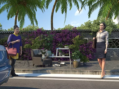 Charming Garden Decor With Purple Flower Wall Palm Trees And Outdoor Seating 3d model