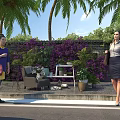 Charming Garden Decor With Purple Flower Wall Palm Trees And Outdoor Seating