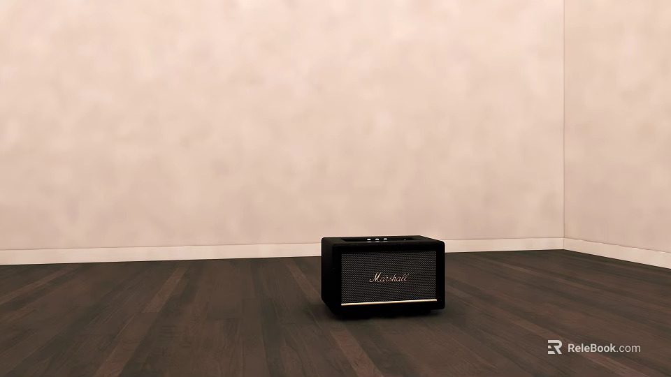 Marshall Black Home Speaker Placed On Wooden Floor With Light Wall Background 3d model 