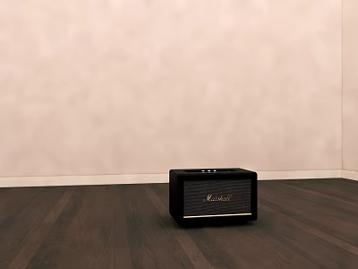 Marshall Black Home Speaker Placed On Wooden Floor With Light Wall Background 3d model