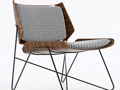 Modern Leisure Chair With Wooden Frame Geometric Pattern Cushion And Black Metal Support Legs 3d model
