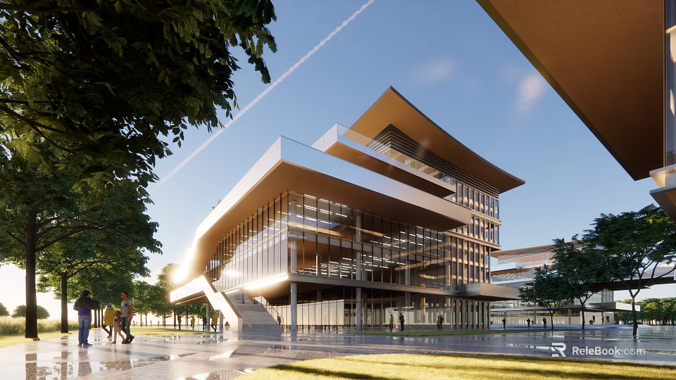 Modern Multi Storey Office Building With Glass Curtain Walls Green Trees And Pedestrian Plaza 3d model 