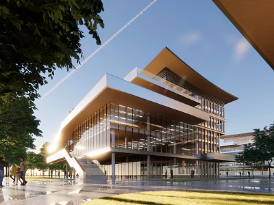 Modern Multi Storey Office Building With Glass Curtain Walls Green Trees And Pedestrian Plaza 3d model