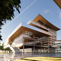 Modern Multi Storey Office Building With Glass Curtain Walls Green Trees And Pedestrian Plaza