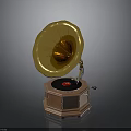 Vintage Gramophone With Golden Horn Wooden Base And Black Vinyl Record