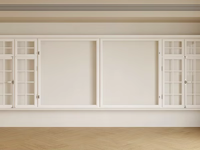 White Casement Windows with Lattice Glass Side Panels in Spacious Room Light Walls Herringbone Flooring 3d model