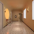 Modern Elevator Hallway With Beige Wall Recessed Lighting Long Bench Flower Bouquet And Floor Lamp