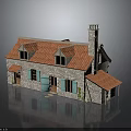 Traditional Country Cottage With Red Roof Stone Walls Chimney Green Shutters And Small Porch