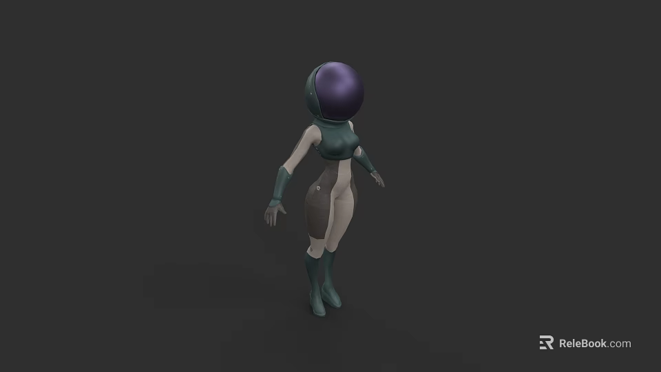 Woman in Green White Futuristic Spacesuit with Purple Helmet 3d model 