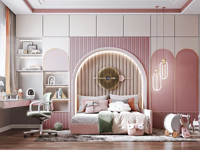 Cozy Pink Kids Room Interior With Bed Desk Decorative Lights And Stuffed Toys 3d model