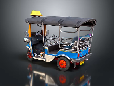 Blue Three Wheeler Motorcycle With Black Roof Yellow Light Red Wheels And Rear Railings 3d model