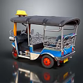 Blue Three Wheeler Motorcycle With Black Roof Yellow Light Red Wheels And Rear Railings