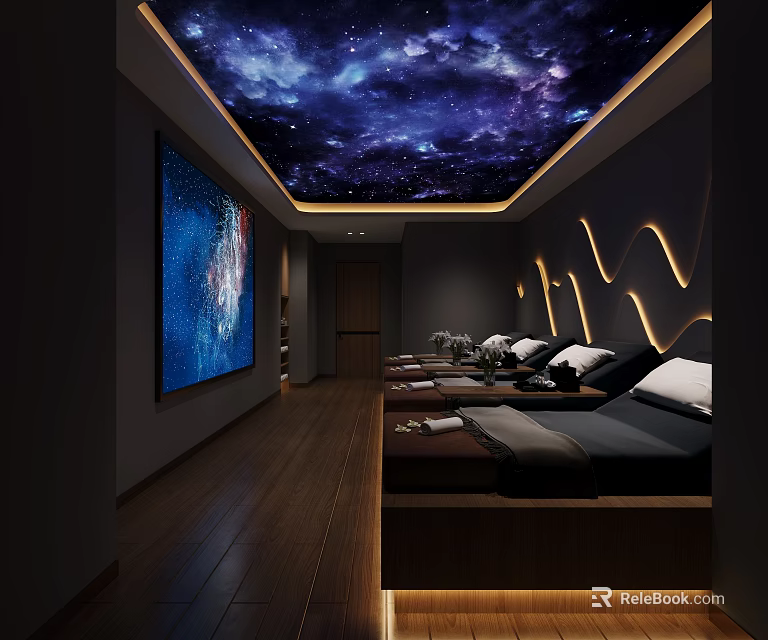 Modern SPA Sauna Interior With Starry Sky Ceiling Large Screen And Massage Beds 3d model 