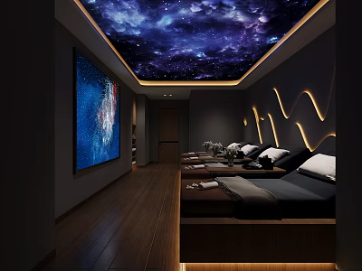 Modern SPA Sauna Interior With Starry Sky Ceiling Large Screen And Massage Beds 3d model
