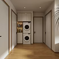 Modern Kitchen and Dining Room Open Space Design With Washing Machines Cabinets And Wooden Floors