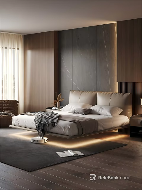Modern Elegant Bedroom Interior With Platform Bed Headboard Wall Table Lamp Sofa And Area Rug 3d model 