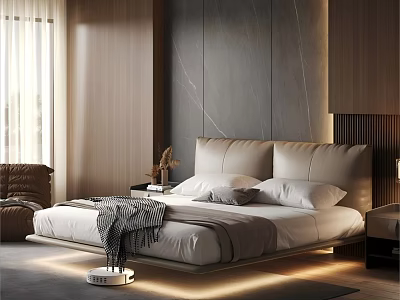 Modern Elegant Bedroom Interior With Platform Bed Headboard Wall Table Lamp Sofa And Area Rug 3d model