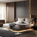 Modern Elegant Bedroom Interior With Platform Bed Headboard Wall Table Lamp Sofa And Area Rug
