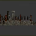 Medieval Courtyard Landscape With Stone Walls Iron Fences Red Spiked Finials And Stone Steps