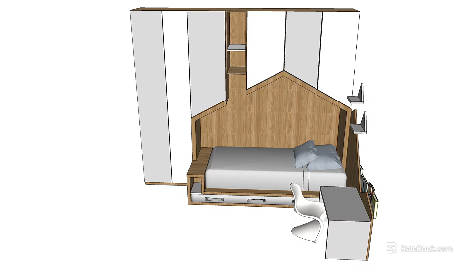 Double Bed in Modern Bedroom with Wooden Headboard White Wardrobes Desk and Chair 3d model 