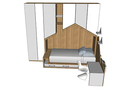 Double Bed in Modern Bedroom with Wooden Headboard White Wardrobes Desk and Chair 3d model