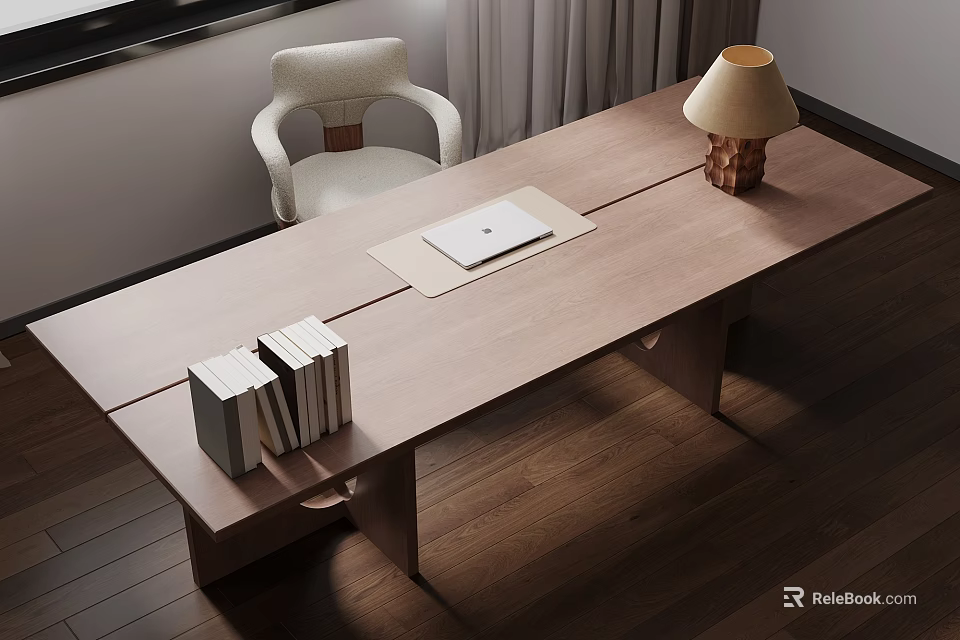 Natural Wooden Desk With Table Lamp Laptop And Stack Of Books Near Comfortable Chair 3d model 