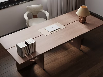Natural Wooden Desk With Table Lamp Laptop And Stack Of Books Near Comfortable Chair 3d model