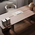 Natural Wooden Desk With Table Lamp Laptop And Stack Of Books Near Comfortable Chair
