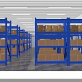 Warehouse Interior With Blue Racks Cardboard Boxes Green Floor White Columns and Lights