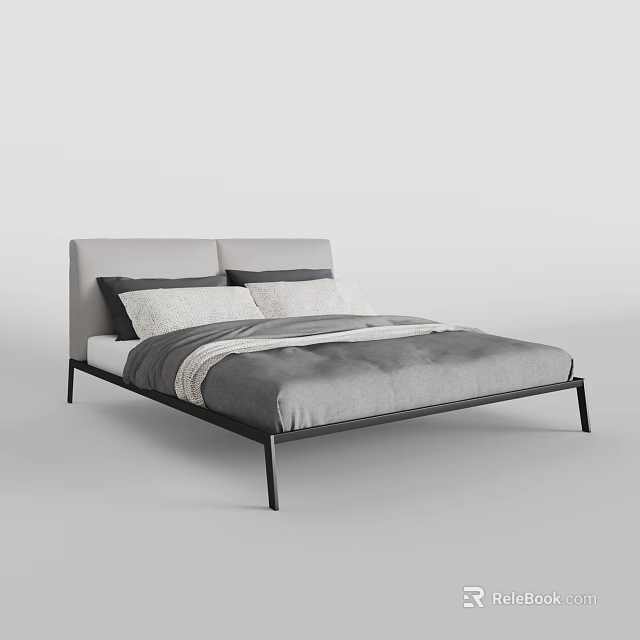 Modern Minimalist Double Bed With Gray Headboard Two Pillows And Black Frame 3d model 