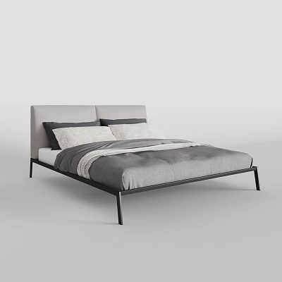 Modern Minimalist Double Bed With Gray Headboard Two Pillows And Black Frame 3d model