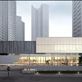 Modern Sales Office Building With Glass Curtain Wall Front Plaza Among High Rise Buildings 3d model