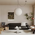 Modern Living Room Interior With Black Leather Sofa White Pendant Light Decorative Painting And Plants