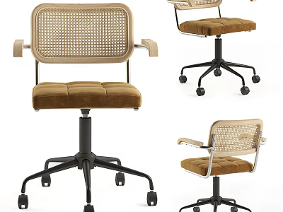 Modern Accent Chair With Rattan Weave Backrest Armrest And Padded Seat On Rolling Wheels 3d model