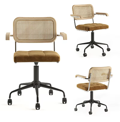 Modern Accent Chair With Rattan Weave Backrest Armrest And Padded Seat On Rolling Wheels 3d model