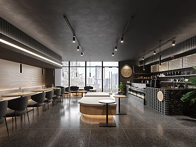 Modern Cafe Interior With Large Windows Long Counter Black Chairs Round Tables And Pendant Lights 3d model