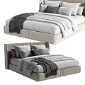 Modern Double Bed With Upholstered Headboard Gray And White Bedding Pillows And Throw Blanket