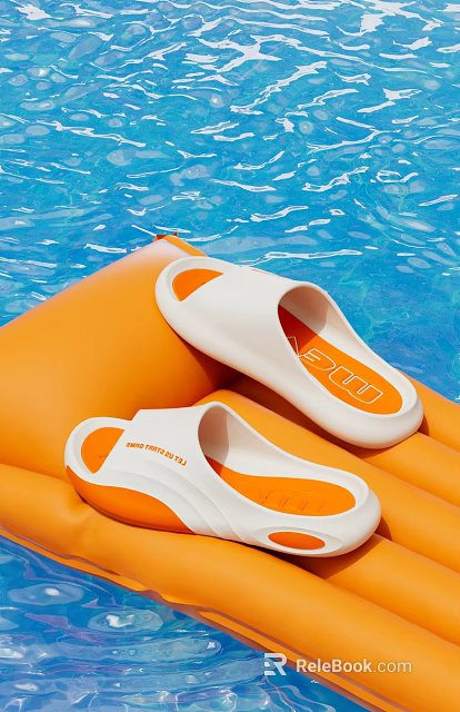 Stylish White and Orange Slippers on Orange Inflatable Float by Blue Pool Water 3d model 