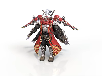 Man in Intricate Armored Outfit With Red Cape and Battle Weapons 3d model