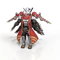 Man in Intricate Armored Outfit With Red Cape and Battle Weapons