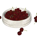 Fresh Ripe Cherries in White Decorative Bowl with Scattered Fruits on White Background