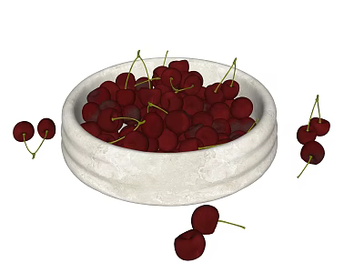 Fresh Ripe Cherries in White Decorative Bowl with Scattered Fruits on White Background 3d model