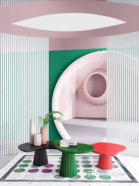 Modern Stylish Side Table With Plant Vase In Colorful Geometric Background 3d model 