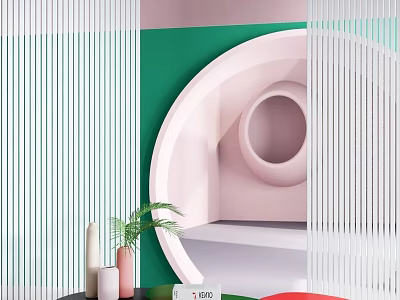 Modern Stylish Side Table With Plant Vase In Colorful Geometric Background 3d model