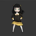 Cartoon Character With Cat Ears Black Hair Green Eyes In Brown Dress And Yellow Trim