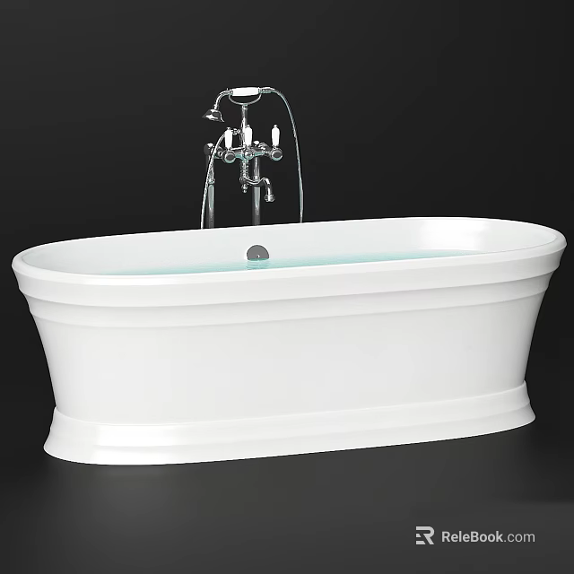 Elegant White Free Standing Oval Bathtub With Chrome Faucet And Water 3d model 